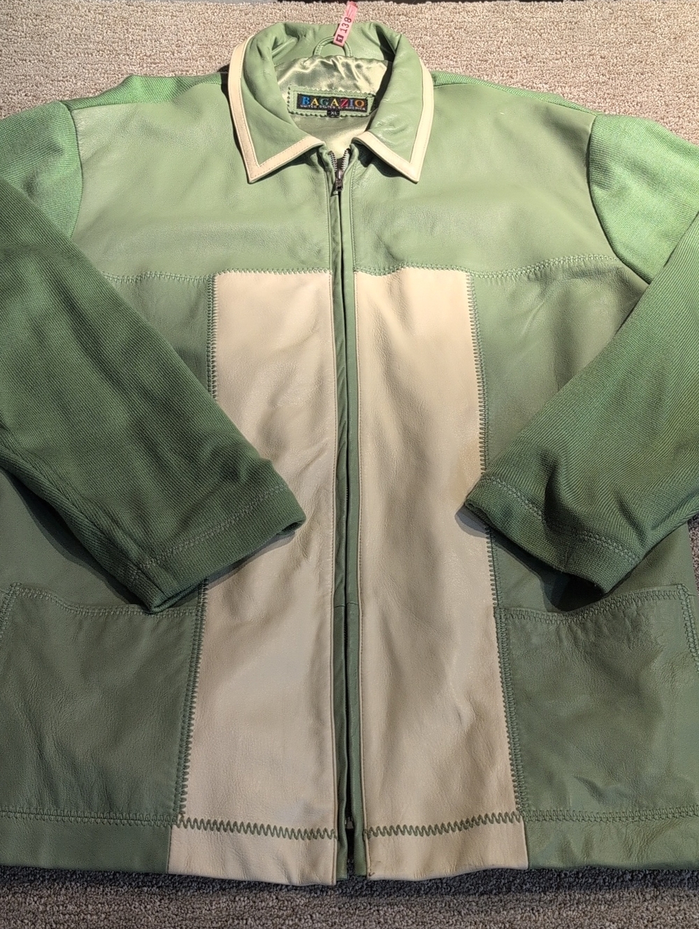 VTG Leather Bagazio Men's Light Green & Cream Leather XL Zip Jacket